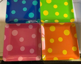 Vintage Bright Colourful Set Polka Dot Melamine square Plates trays ,Summer,Desk,party