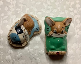 Pendelfin Handpainted Vintage Snuggles & Wakey Ornaments Home Decor Bunnies Rabbits Cute Kitch