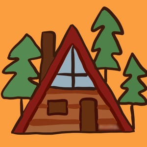 May include: A digital illustration of an A-frame cabin with brown log walls, a dark red roof, and a light blue triangular window. The cabin features a brown door and chimney, flanked by three green pine trees against a solid orange background.