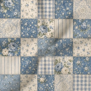 May include: A patchwork fabric design featuring a grid of squares with various blue and white patterns. The squares include floral prints with roses and small blossoms, blue and white gingham checks, vertical stripes, and intricate lace textures.
