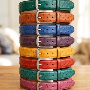 Könnte beinhalten: Ein vertikaler Stapel aus acht Gürteln in verschiedenen Farben, darunter Grün, Orange, Blau, Violett, Gelb, Rot, Türkis und Pink. Jeder Gürtel hat eine strukturierte Oberfläche mit kleinen kreisförmigen Vertiefungen sowie eine silberfarbene Metallschnalle.