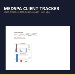 Könnte beinhalten: Eine digitale Medspa Client Tracker Tabellenvorlage für Excel VBA. Die Benutzeroberfläche zeigt Kundenkennzahlen, Behandlungsdaten und Paketverwaltungstools, einschließlich Balkendiagrammen für den Umsatz nach Behandlungsart.