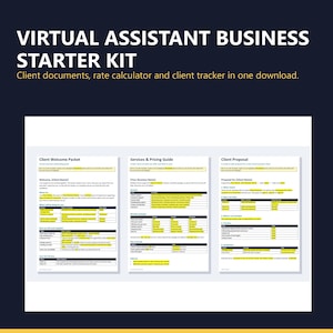 Peut inclure: Un kit de démarrage pour entreprise d'assistant virtuel en téléchargement numérique comprenant trois documents : un pack de bienvenue client, un guide des services et tarifs, et une proposition client avec texte et tableaux.