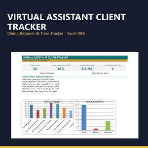May include: A digital Virtual Assistant Client Tracker spreadsheet template featuring a dashboard with metrics for active clients, hours logged, revenue, and retainer status. It includes a list of clients near or over limits and two bar charts.