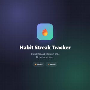 Op de afbeelding: Een digitale interface voor een Habit Streak Tracker app met een vierkant icoon met kleurverloop en een vlamafbeelding. De tekst luidt Habit Streak Tracker, Build streaks you can see. No subscription. Twee knoppen met Private en Offline.