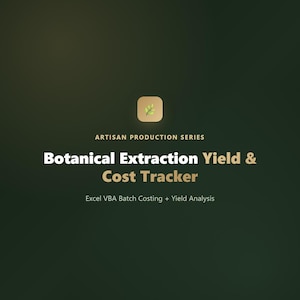 Puede incluir: Un gráfico de producto digital titulado Artisan Production Series Botanical Extraction Yield & Cost Tracker con el subtítulo Excel VBA Batch Costing + Yield Analysis, que presenta un pequeño icono cuadrado con una ilustración de hoja verde sobre un fondo oscuro.