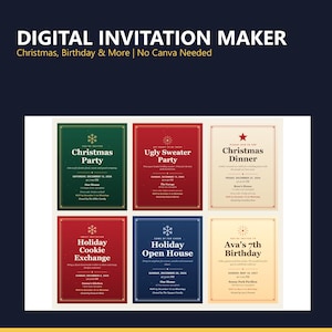 May include: A digital invitation maker template set featuring six distinct designs in red, green, blue, and cream colors. Each card includes text for events like Christmas Party, Ugly Sweater Party, Christmas Dinner, Cookie Exchange, and Birthday.