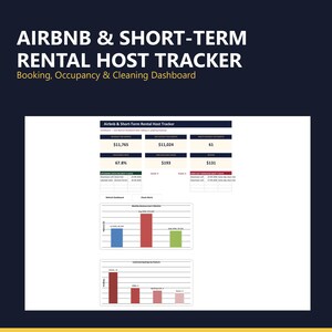 May include: An Airbnb & Short-Term Rental Host Tracker dashboard featuring booking, occupancy, and cleaning metrics. The interface displays revenue, occupancy rates, upcoming check-ins, and bar charts for monthly revenue and platform bookings.