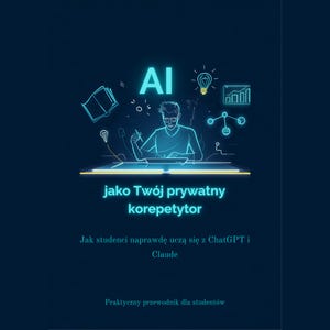 May include: A dark blue book cover featuring a neon-style illustration of a person working at a desk with icons of a book, lightbulb, and charts. The text reads: AI jako Twój prywatny korepetytor, Jak studenci naprawdę uczą się z ChatGPT i Claude, Praktyczny przewodnik dla studentów.