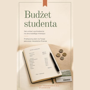 以下が含まれることがあります： Budżet studentaというタイトルのベージュ色の教育ガイド。月間予算表が記載された開いたノートの上に黒いペンが置かれています。ノートの横には4枚の金属製コインとバーコード付きの学生図書館カードが配置されています。