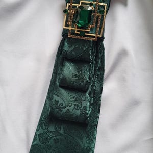 Vintage Statement Tie with Green Brooch, Emerald Green Ascot Tie, Art Deco Jewelry Accessory