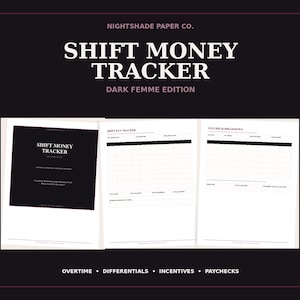 May include: A digital Shift Money Tracker planner by Nightshade Paper Co. featuring a dark theme. The pages include a cover, a shift pay tracker, and a paycheck breakdown table. The layout is organized with columns for tracking overtime, differentials, incentives, and paychecks.