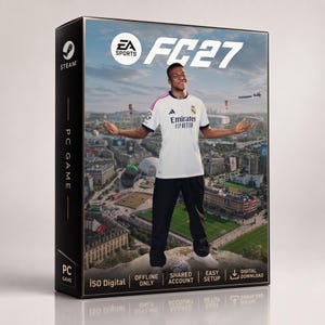 May include: A physical box for the PC game EA Sports FC 27 featuring a Steam logo, a footballer in a white jersey with black trousers standing over a city landscape, and text indicating iSO Digital, offline only, shared account, and easy setup.