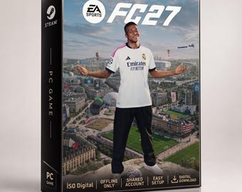 May include: A physical box for the PC game EA Sports FC 27 featuring a Steam logo, a soccer player in a white jersey with black pants standing over a city landscape, and text indicating iSO Digital, offline only, shared account, and easy setup.