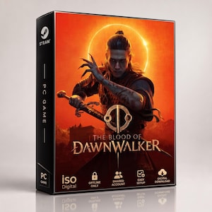 May include: A PC game box for The Blood of Dawnwalker featuring a character holding a sword against an orange sun background. The box includes Steam branding, text labels for offline, shared account, easy setup, and digital download features.