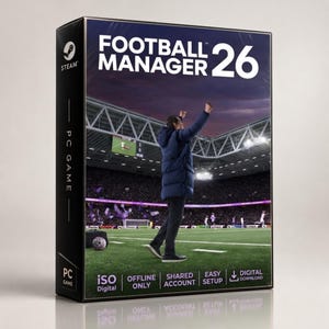 May include: A physical box for the PC game Football Manager 26 featuring a Steam logo, a person in a blue puffer jacket standing on a football pitch with arms raised, and text including ISO Digital, Offline Only, Shared Account, Easy Setup, and Digital Download.