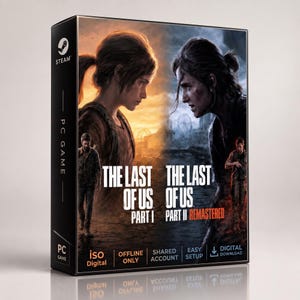 Op de afbeelding: Een rechthoekige pc-gamebox met The Last of Us Part I en Part II Remastered. De hoes toont twee karakterportretten tegen contrasterende oranje en blauwe achtergronden, met het Steam-logo en tekst voor digitale download zichtbaar.