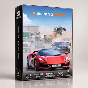 Può includere: Una scatola rettangolare di gioco per PC per BeamNG.drive con un'auto sportiva rossa in primo piano e vari veicoli in un ambiente desertico. La scatola include il logo Steam, il testo BeamNG.drive e le etichette per ISO Digital, Offline Only, Shared Account, Easy Setup e Digital Download.