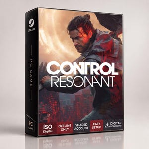 Könnte beinhalten: Eine rechteckige PC-Spieleschachtel für Control Resonant mit einem Charakter in dunkler Jacke und einer Waffe vor einem rot-orangen urbanen Hintergrund. Die Schachtel enthält das Steam-Logo sowie den Text ISO Digital, Offline Only, Shared Account, Easy Setup und Digital Download.