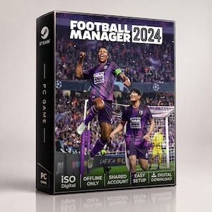 May include: A physical box for the PC game Football Manager 2024 featuring a Steam logo, two football players in purple jerseys with War Child branding, and text indicating offline only, shared account, easy setup, and digital download features.