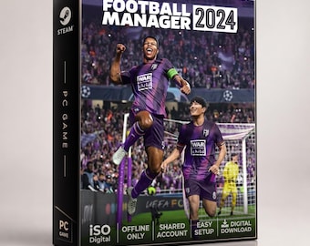 Può includere: Una confezione fisica per il gioco per PC Football Manager 2024 con logo Steam, due calciatori in maglia viola con marchio War Child e testo che indica le funzioni offline only, shared account, easy setup e digital download.