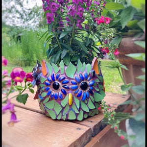 Mosaic Owl Planter, Colorful Upcycled Pottery Art Flower Pot, Garden Decor
