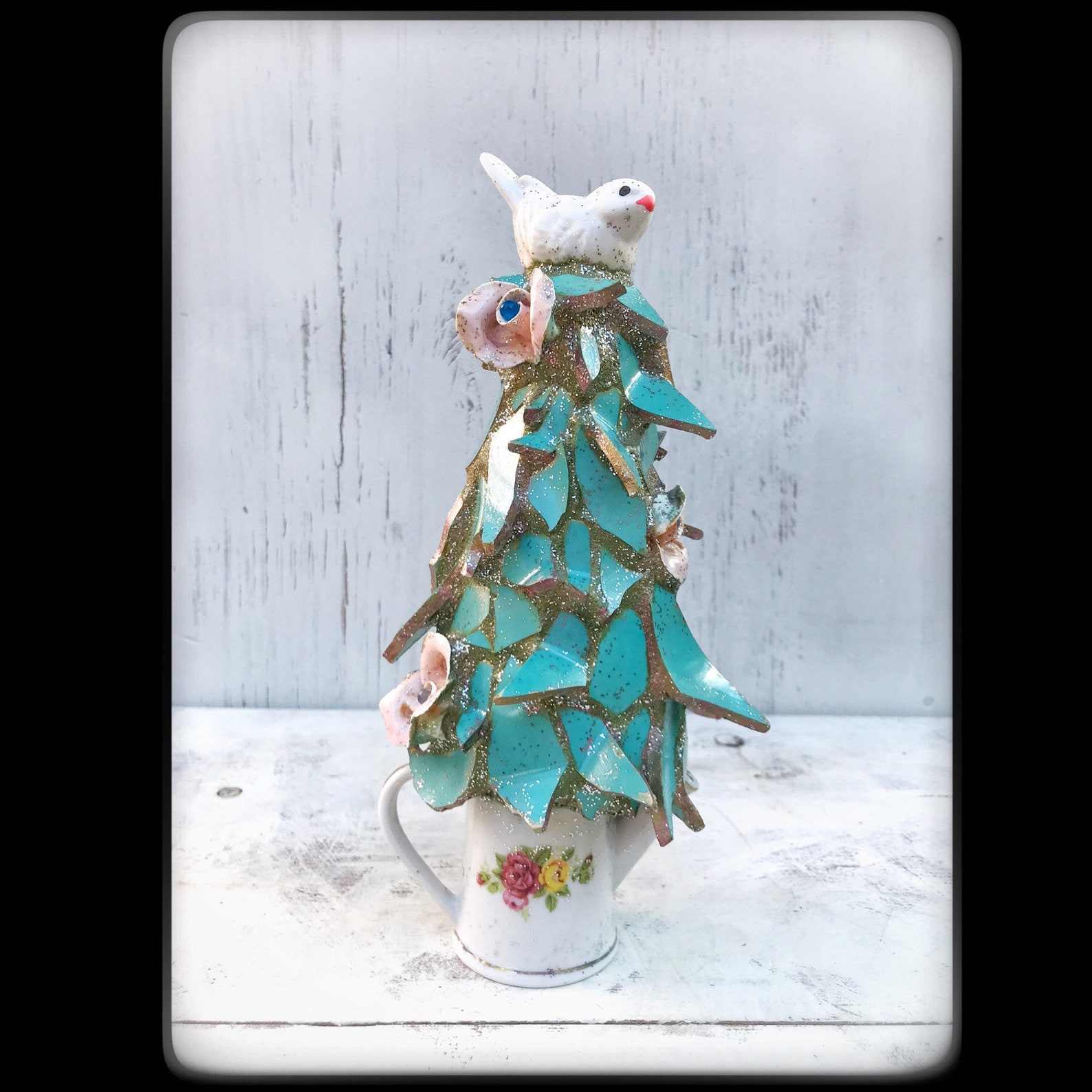 Small Ceramic Tabletop Blue Christmas Tree With Dove Etsy