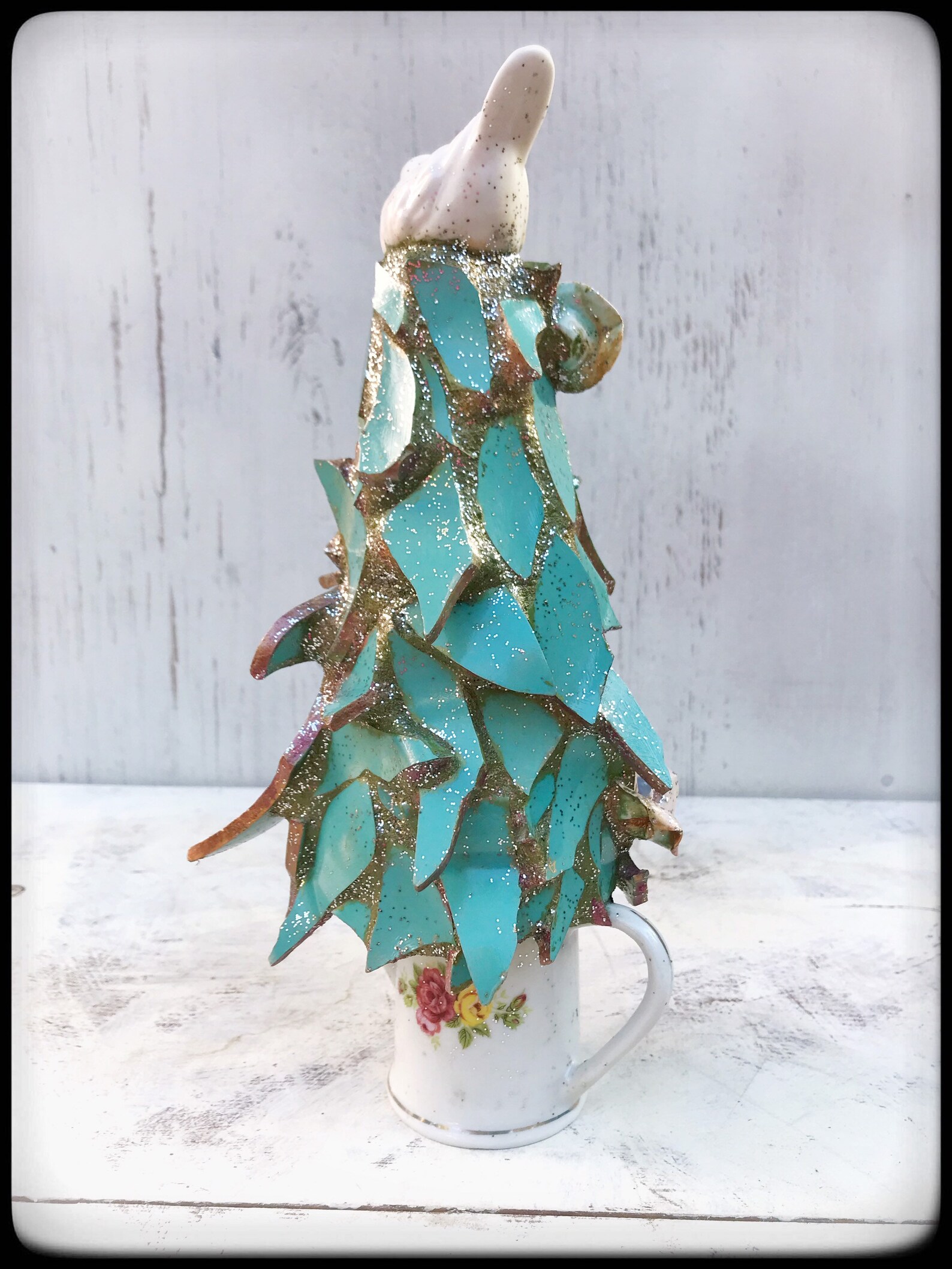 Small Ceramic Tabletop Blue Christmas Tree With Dove Etsy