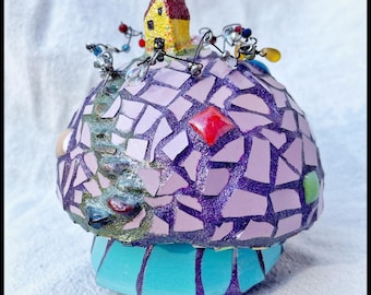 Mosaic Mushroom Home Decor Sculpture, Pink Fairy Garden Accent, Tiny House Accent
