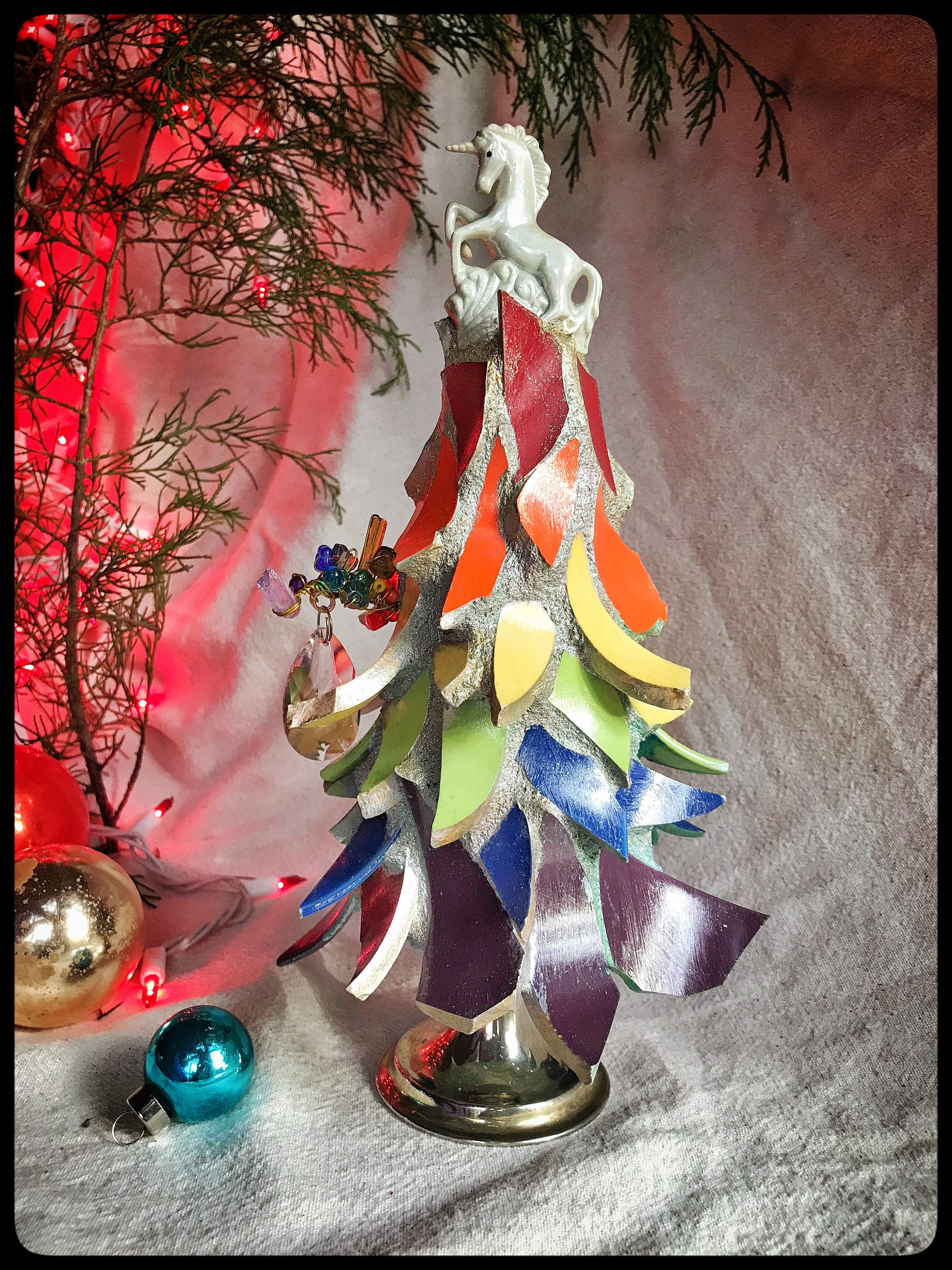 Mosaic rainbow unicorn Christmas tree Tabeltop tree  Etsy
