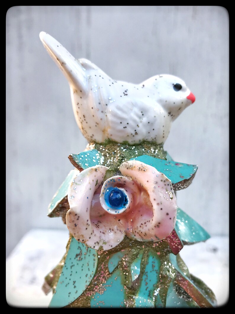 Small Ceramic Tabletop Blue Christmas Tree With Dove Etsy