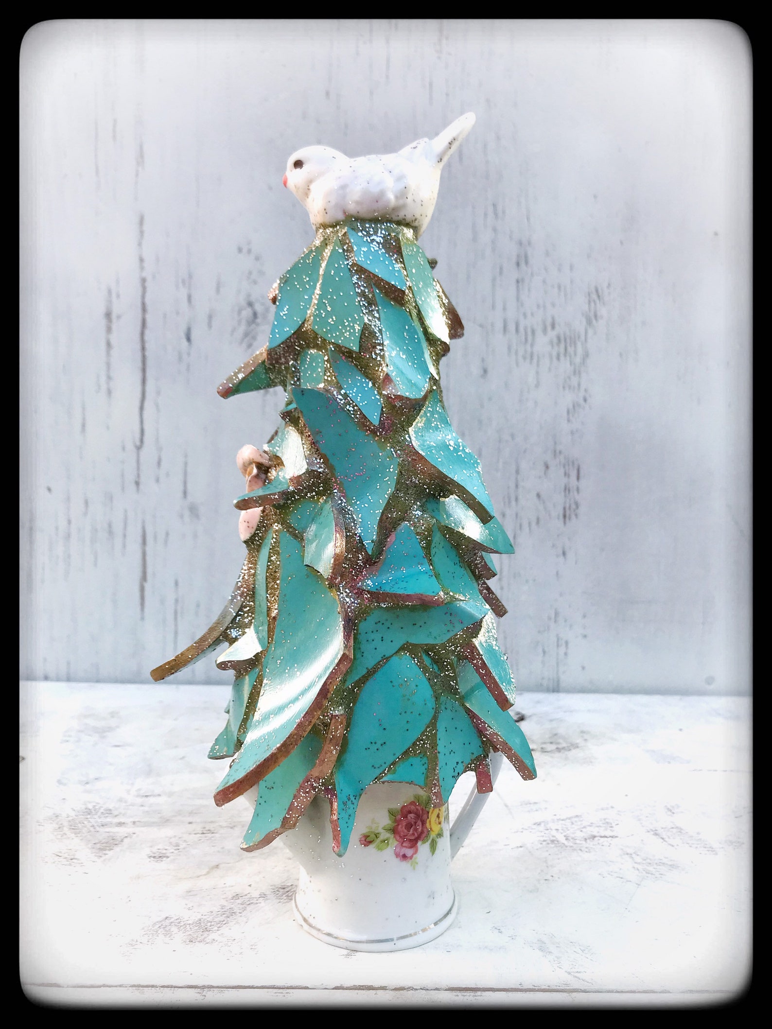 Small Ceramic Tabletop Blue Christmas Tree With Dove Etsy