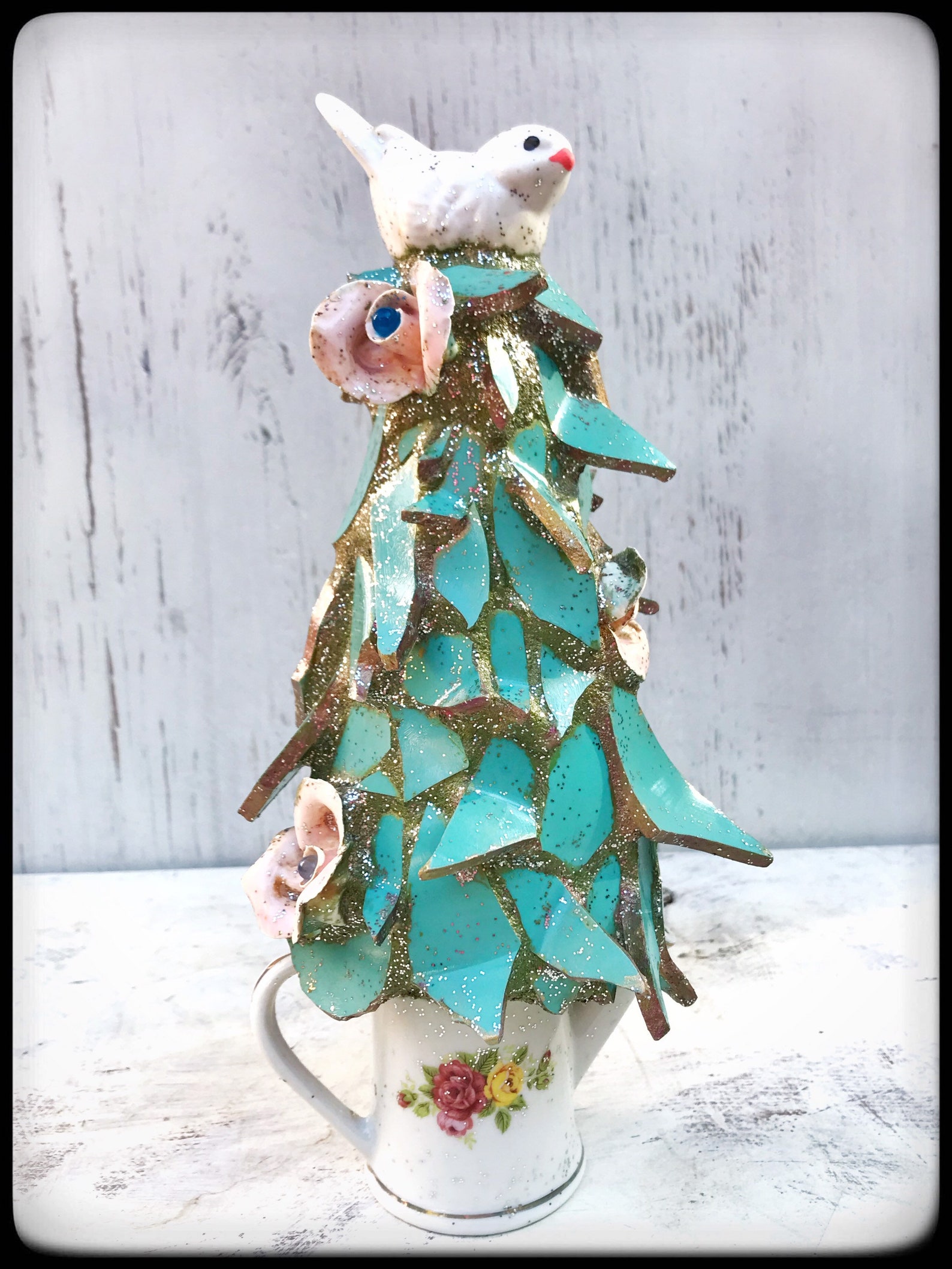 Small Ceramic Tabletop Blue Christmas Tree With Dove Etsy