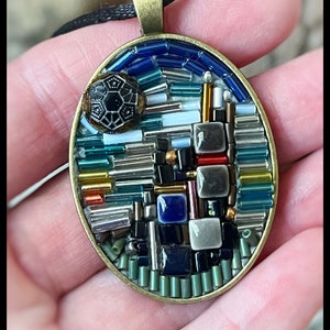 Vintage style cityscape necklace, mosaic beaded city design, oval pendant
