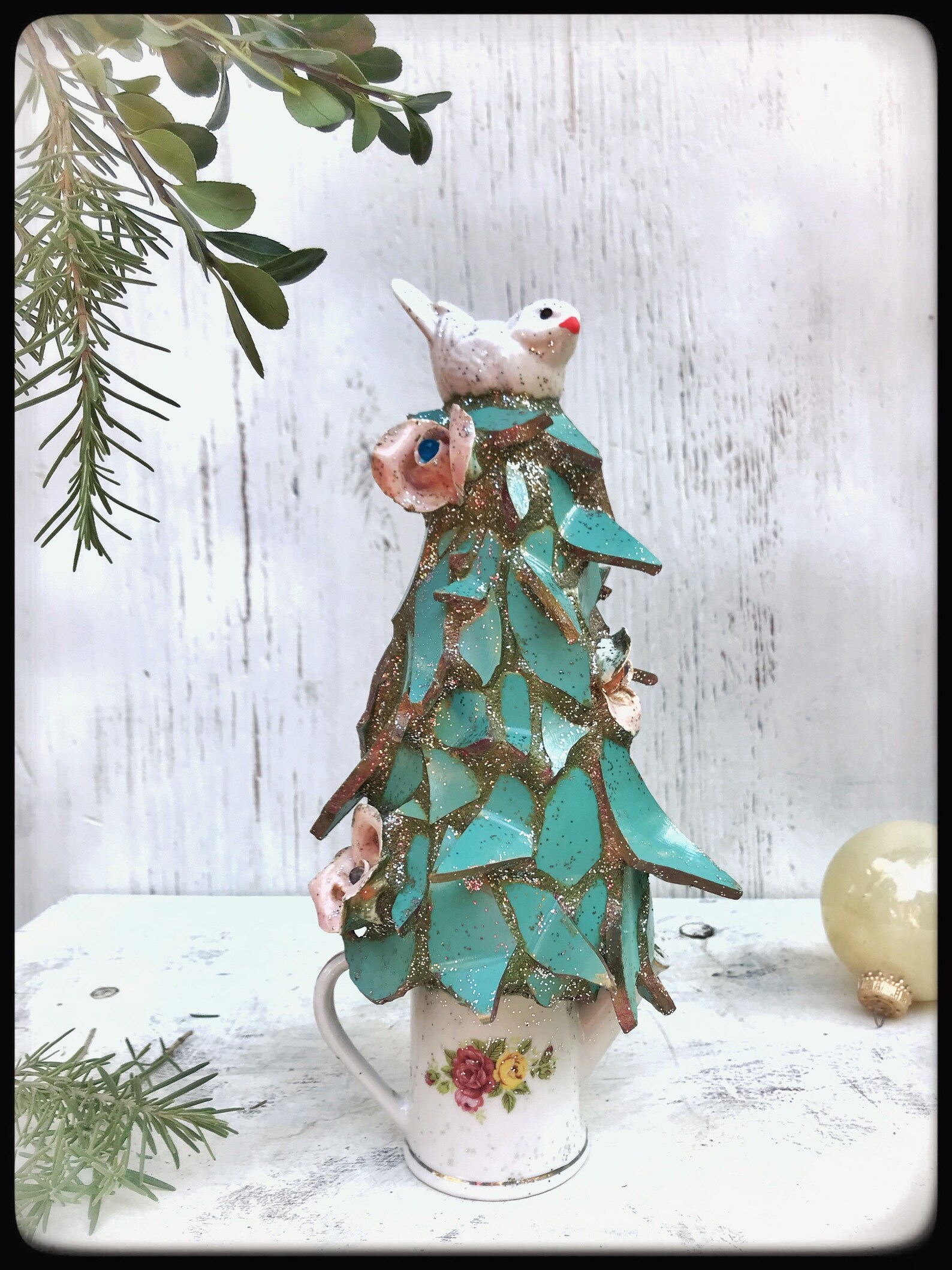Small Ceramic Tabletop Blue Christmas Tree With Dove Etsy