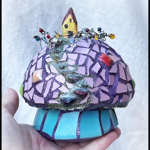 Decorative ceramic cottagecore mushroom accent, pink mosaic mushroom with tiny home