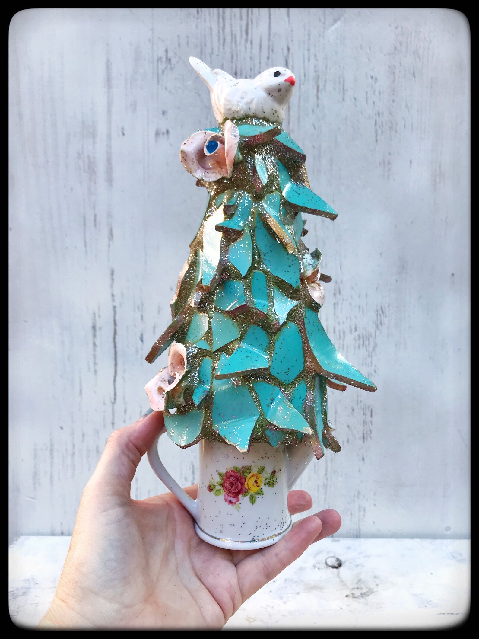 Small Ceramic Tabletop Blue Christmas Tree With Dove Etsy