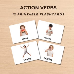 Puede incluir: Un conjunto de 12 tarjetas didácticas imprimibles tituladas ACTION VERBS. Las tarjetas presentan fondos blancos con fotografías de niños realizando acciones etiquetadas con el texto eating, reading, jumping y brushing.