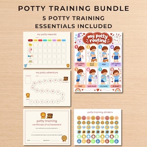May include: A potty training bundle featuring a rewards chart, an adventure map, a routine poster with eight steps, a certificate of achievement, and a sheet of stickers. The text reads Potty Training Bundle, 5 Potty Training Essentials Included.