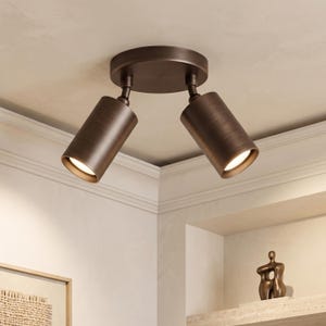 Può includere: Una lampada da soffitto a due faretti con finitura in bronzo scuro. La base di montaggio circolare è collegata a due teste cilindriche regolabili, ciascuna caratterizzata da una texture metallica spazzolata che emette una luce calda e diretta.