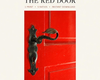 The Red Door Photograph, Rustic European Wall Art, Vintage Iron Handle Print, Digital Download