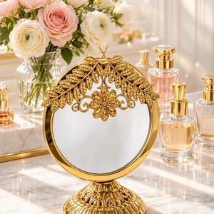 Könnte beinhalten: Ein runder Tischspiegel mit poliertem Goldfinish. Der Rahmen verfügt über einen verzierten oberen Teil mit geformten Blättern und einem zentralen Blumenmotiv. Der Sockel ist kreisförmig und mit einem wiederkehrenden Blattmuster strukturiert.