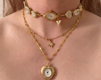 Watch Pendant Necklace, Gold Heart Watch Necklace, Vintage Layered Necklace Set, Working Watch Jewelry for Women, Gift for Her