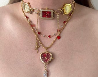 Red Heart Watch Choker Necklace, Queen of Hearts Jewelry, Rose Charm Necklace, Multi Dial Statement Choker, Romantic Goth Gift
