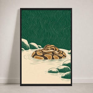 Plakat z gorącym źródłem Onsen z wężem kukurydzianym, wydruk ścienny z motywem zen i japonii z pytonem kulistym, japońska sztuka ścienna w stylu drzeworytu, wystrój salonu