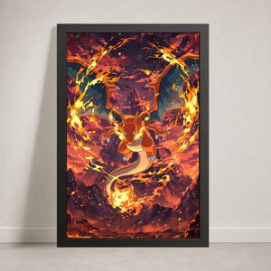 May include: A framed vertical wall art print featuring a stylized orange dragon-like creature with large wings, surrounded by a swirling ring of bright yellow and orange flames against a dark, mountainous, and fiery red volcanic landscape.