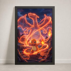 May include: A framed vertical wall art print featuring a small orange bipedal creature with a flame on its tail standing in a rocky landscape. Behind it, a large, glowing, translucent orange silhouette of a winged dragon looms in the dark sky.