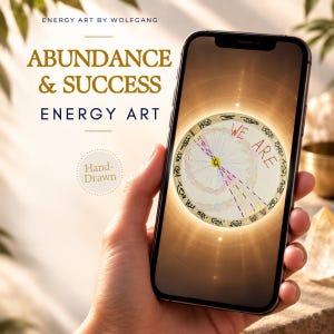 Könnte beinhalten: Ein Smartphone zeigt digitale Kunst mit dem Text "WE ARE" in einem kreisförmigen Design mit strahlenden Linien und Symbolen. Der Bildschirm zeigt zudem "ENERGY ART BY WOLFGANG", "ABUNDANCE & SUCCESS" und "Hand-Drawn".
