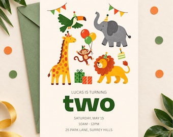 Jungle 2nd Birthday Invitation, Editable Safari Animal Birthday Invite, Two Wild Birthday Canva Template, Zoo Party Invitation