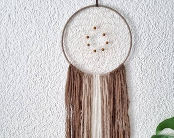 Boho Dreamcatcher, brown and white with yarn falls, wallhanging homedecor